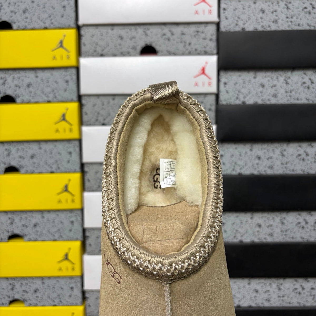 UGG Tazz Platform Slipper – Suede Mule with Shearling Lining, Metallic Braided Collar Trim & Chunky Sugar Sole Platform in Sand